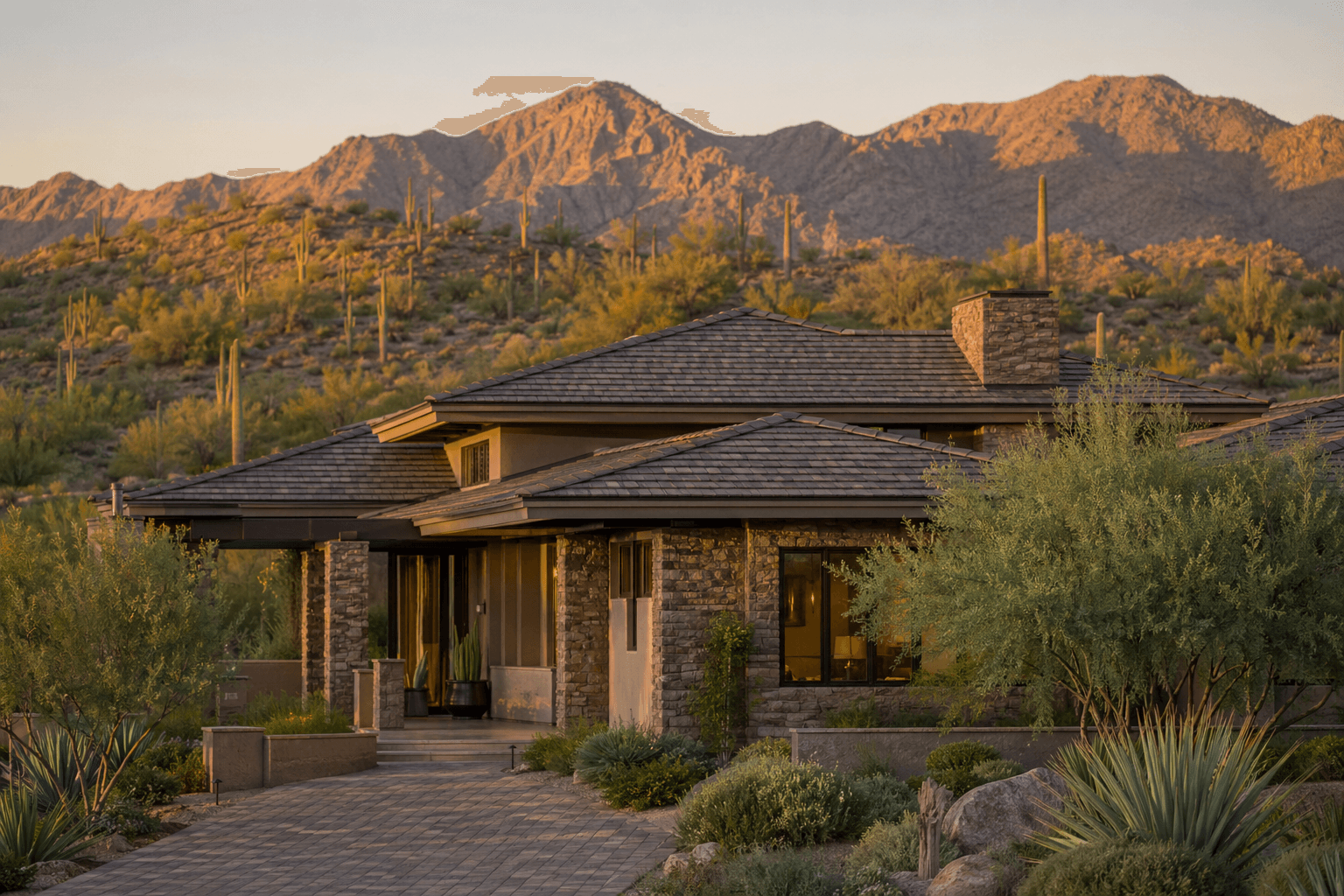 Premium Phoenix home with tile roof framed by Sonoran desert landscaping