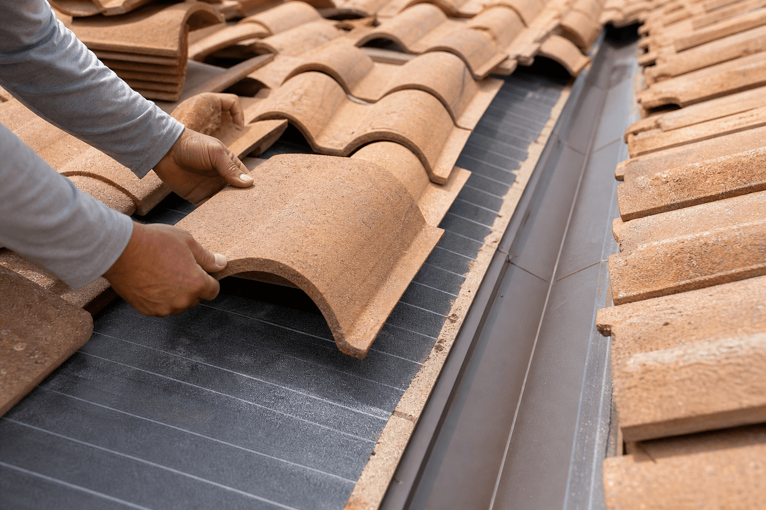 Synthetic roof underlayment and valley flashing beneath lifted concrete roof tiles